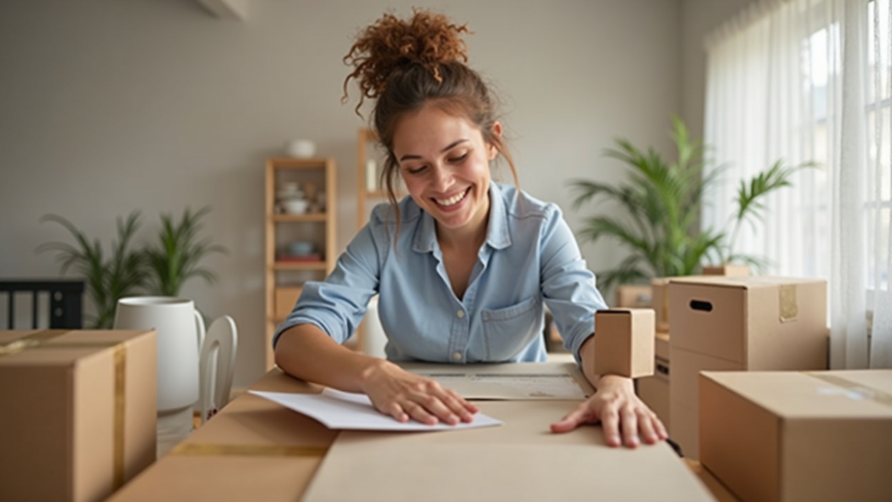Empreendedor de e-commerce sorrindo enquanto embala produtos para envio, demonstrando eficiência e organização.