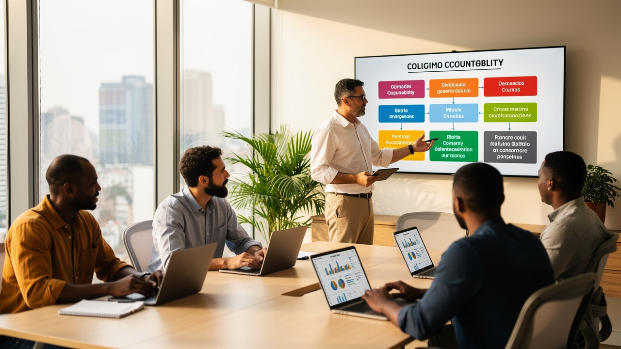 Gestor apresentando gráficos de prestação de contas para equipe em escritório moderno com luz do dia
