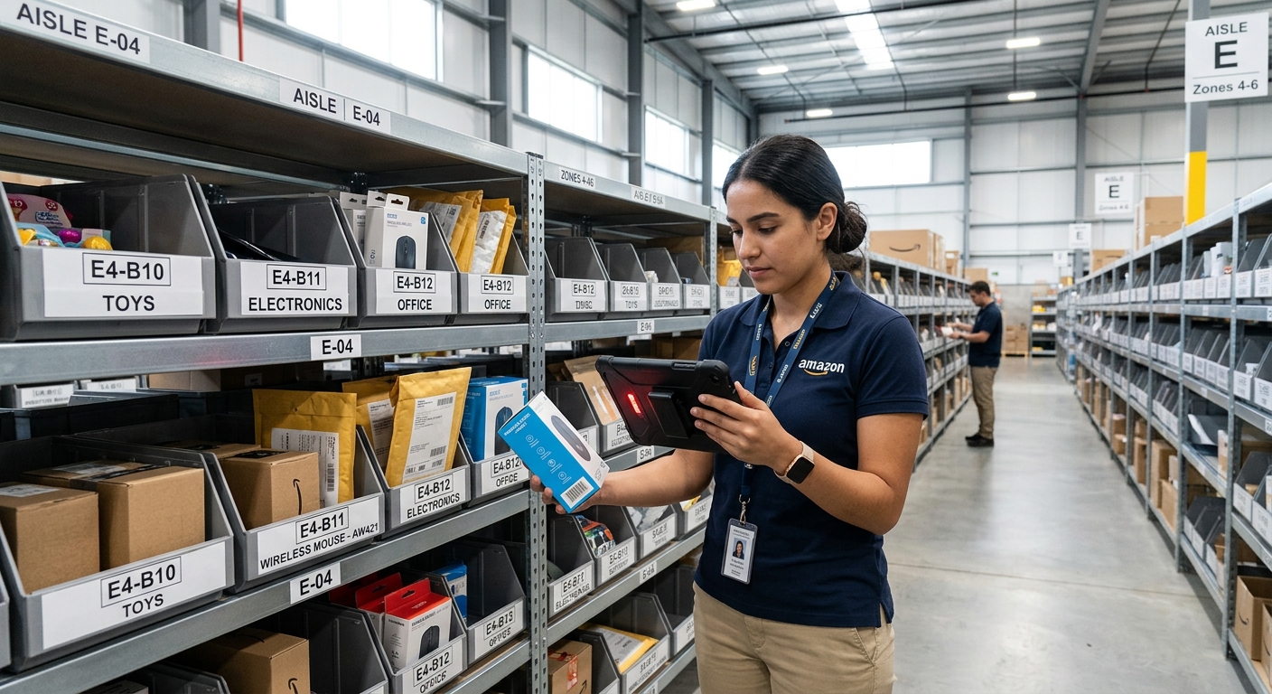 Funcionário em um pequeno armazém de e-commerce usando um tablet para escanear o código de um produto