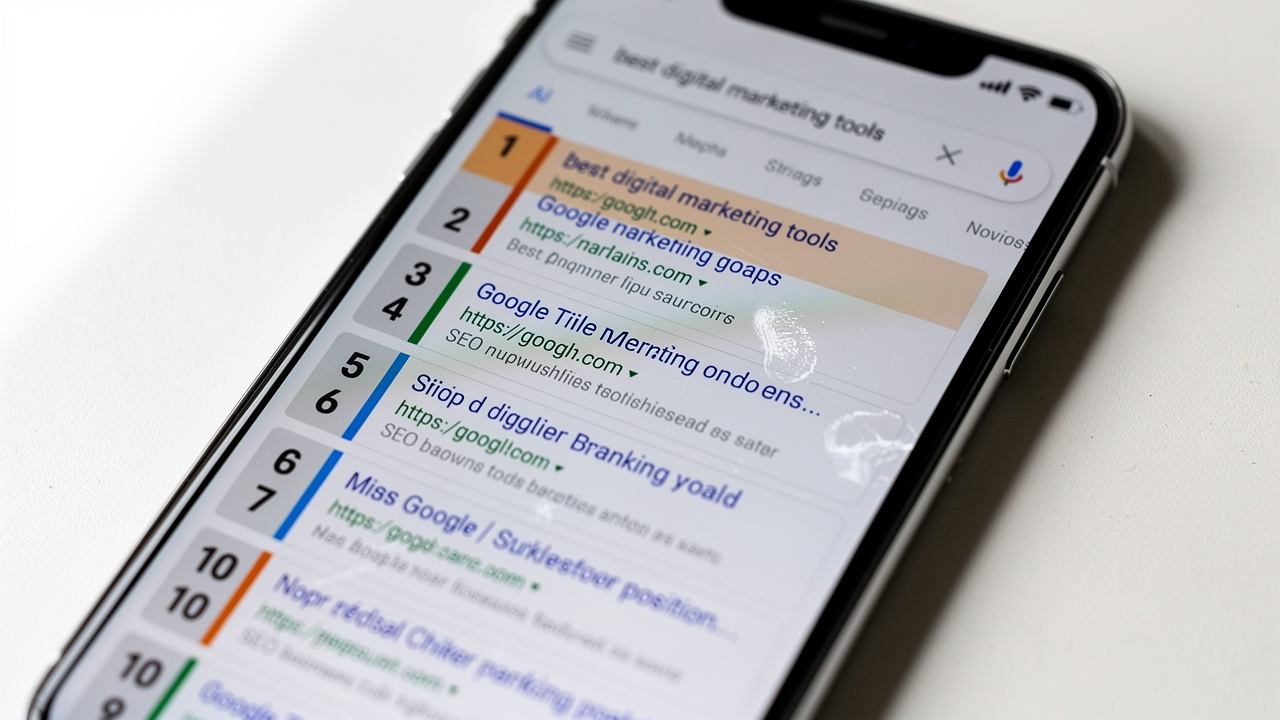 Tela de celular exibindo resultados do Google com indicadores de posição no ranking de SEO