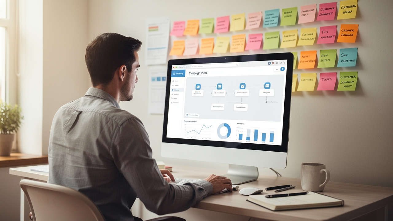 Empreendedor configurando fluxos de automação de marketing em computador com anotações na parede