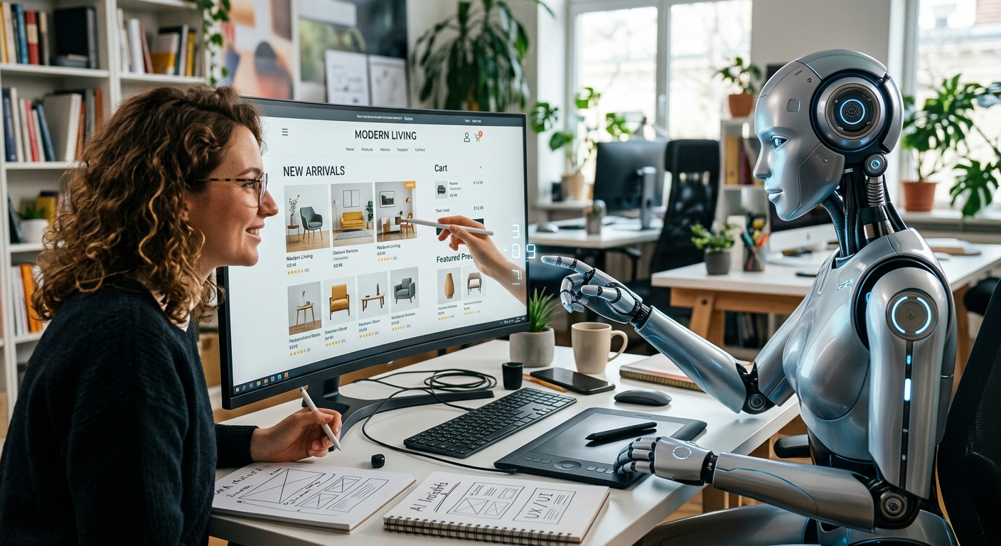 Designer gráfico trabalhando ao lado de um robô de IA em um projeto de site e-commerce.