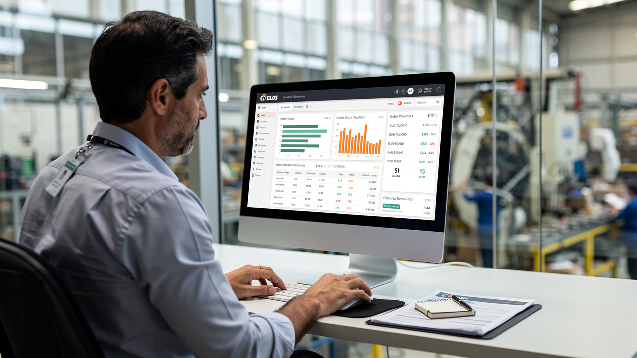 Gerente industrial brasileiro analisando painel de e-commerce B2B em escritório de fábrica moderno