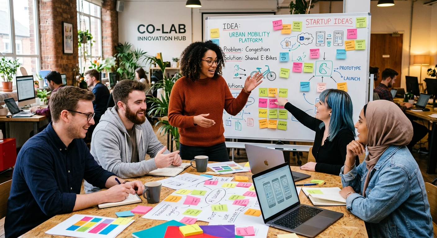Grupo criativo discutindo ideias de startup em um ambiente dinâmico e colaborativo