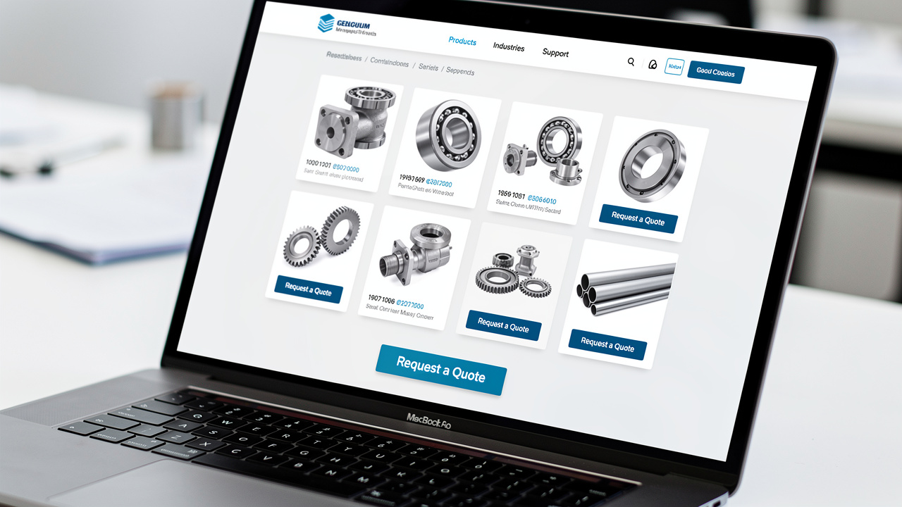 Tela de e-commerce industrial com peças sem preço e botão para solicitar orçamento.