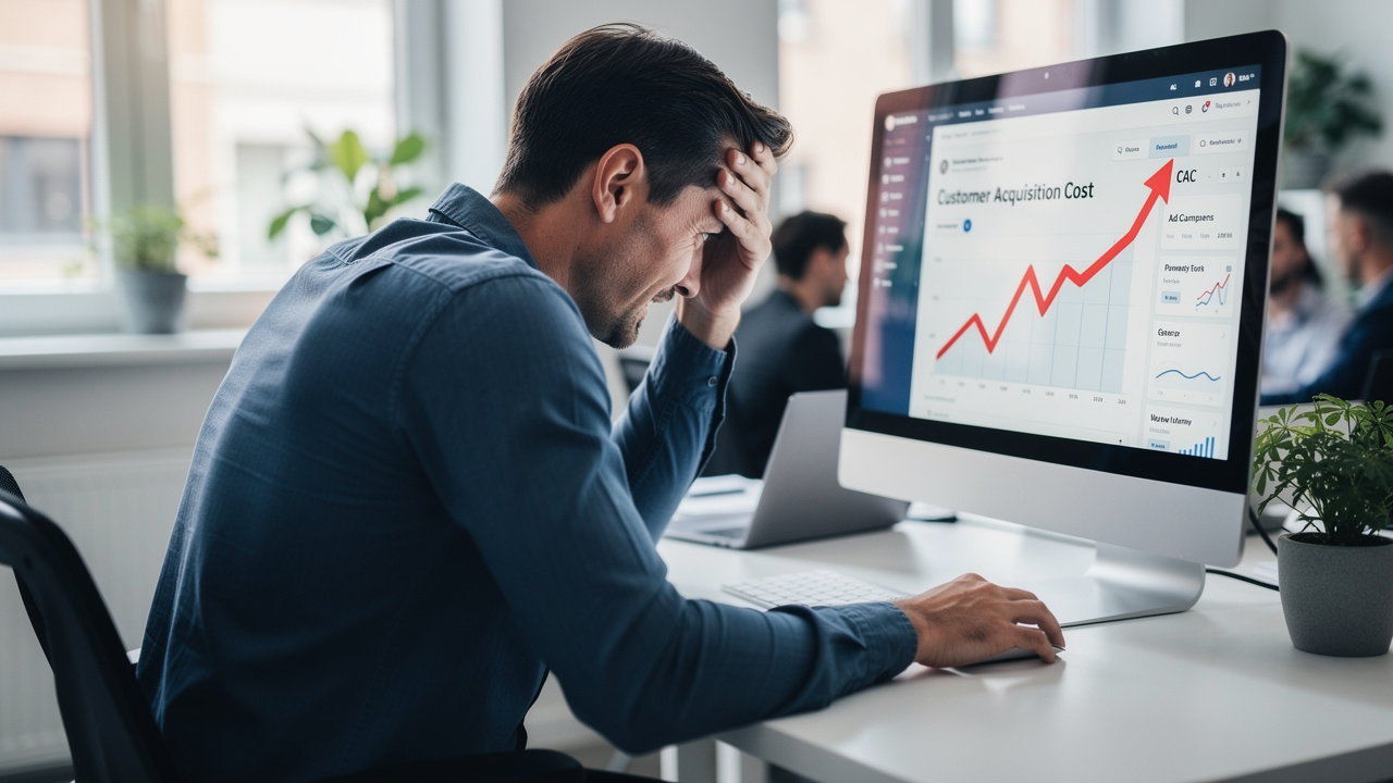 Gestor de e-commerce analisando métricas de CAC em tela de computador no escritório