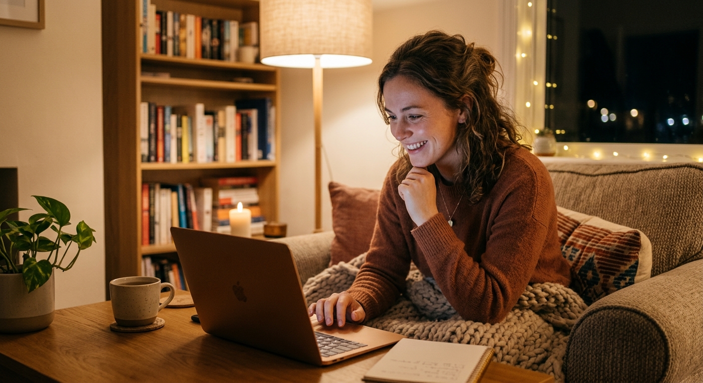 Pessoa lendo um artigo envolvente em um laptop, focada e sorrindo, ambiente aconchegante.