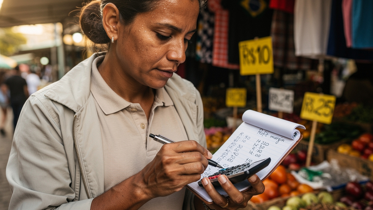 Empreendedora calculando margem de lucro com calculadora e caderno em contexto de marketplace