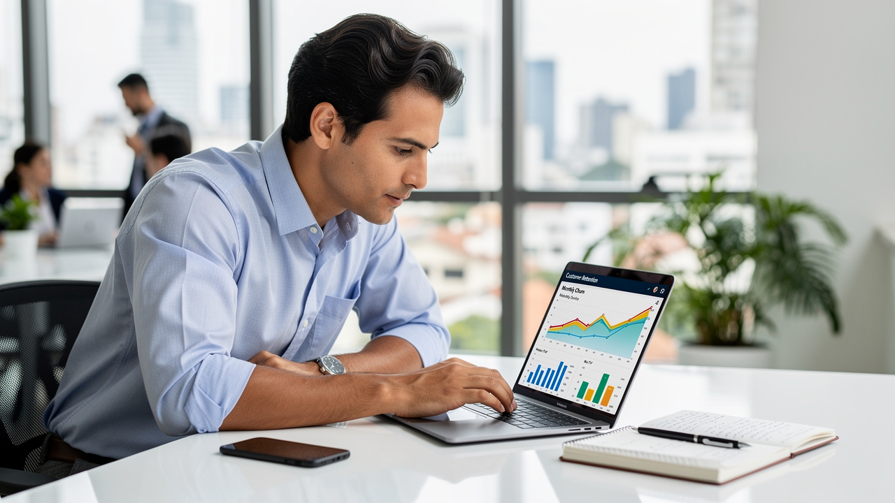 Empreendedor analisando dados de retenção de clientes em laptop em escritório moderno