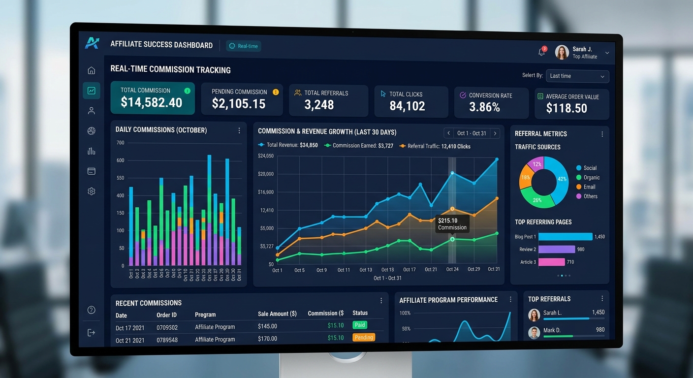 Dashboard de afiliados mostrando comissões recorrentes e métricas de recomendações