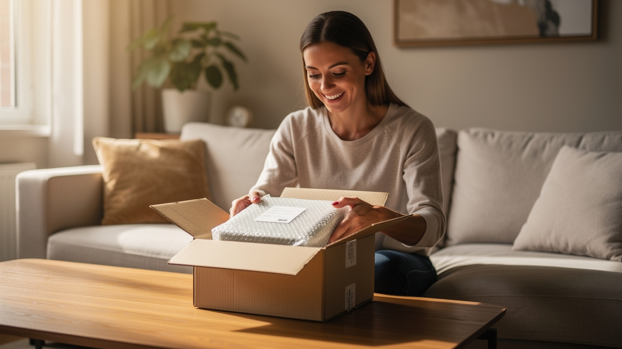 Cliente sorrindo ao abrir um pacote de uma loja online, revelando um produto importado de alta qualidade.