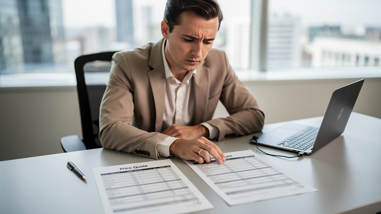 Cliente analisando duas propostas comerciais com preços diferentes em mesa de escritório