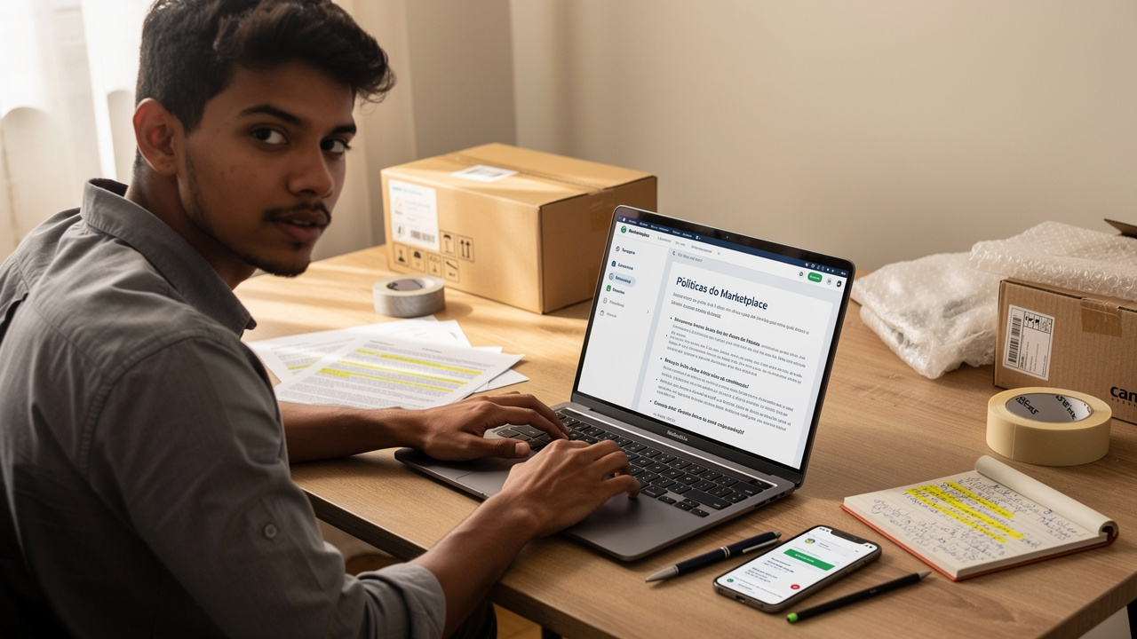 Vendedor brasileiro analisando documentos de política de marketplace no computador