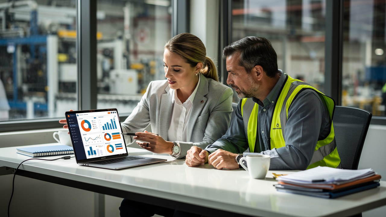 Representante comercial e gerente industrial analisando painel de vendas digitais em laptop