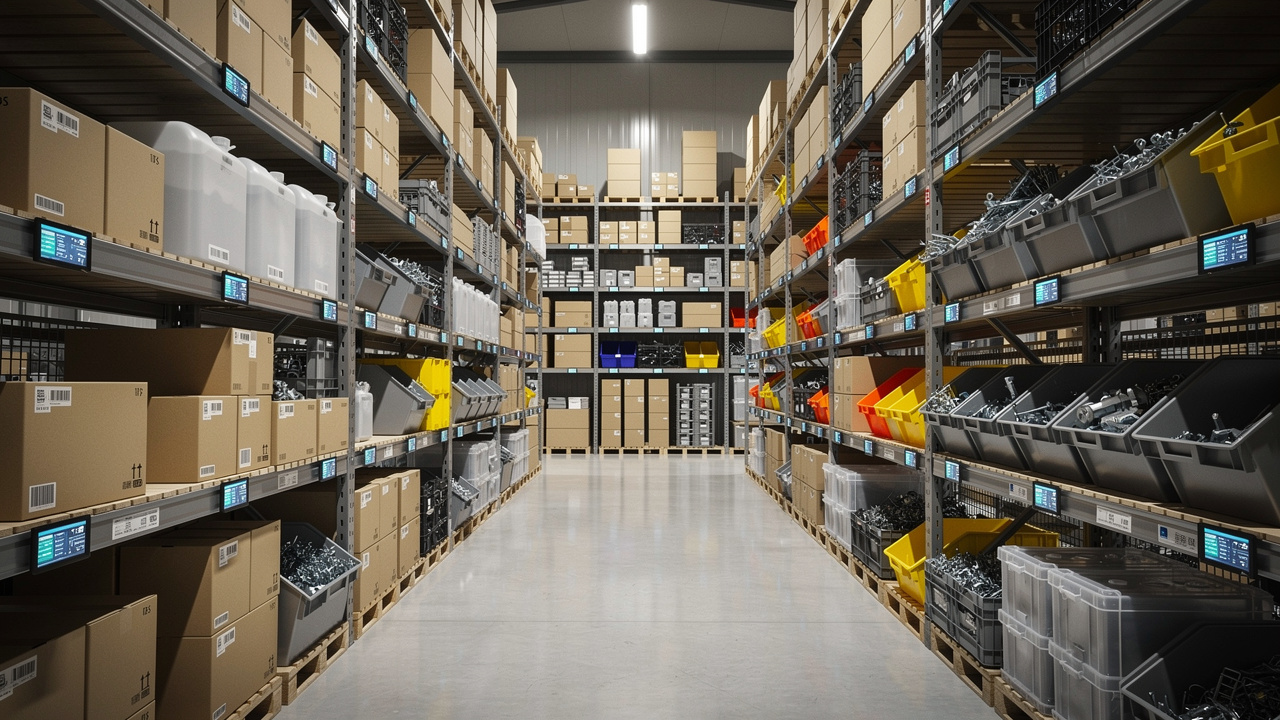 Prateleiras de armazém industrial com produtos organizados e etiquetas de inventário digital