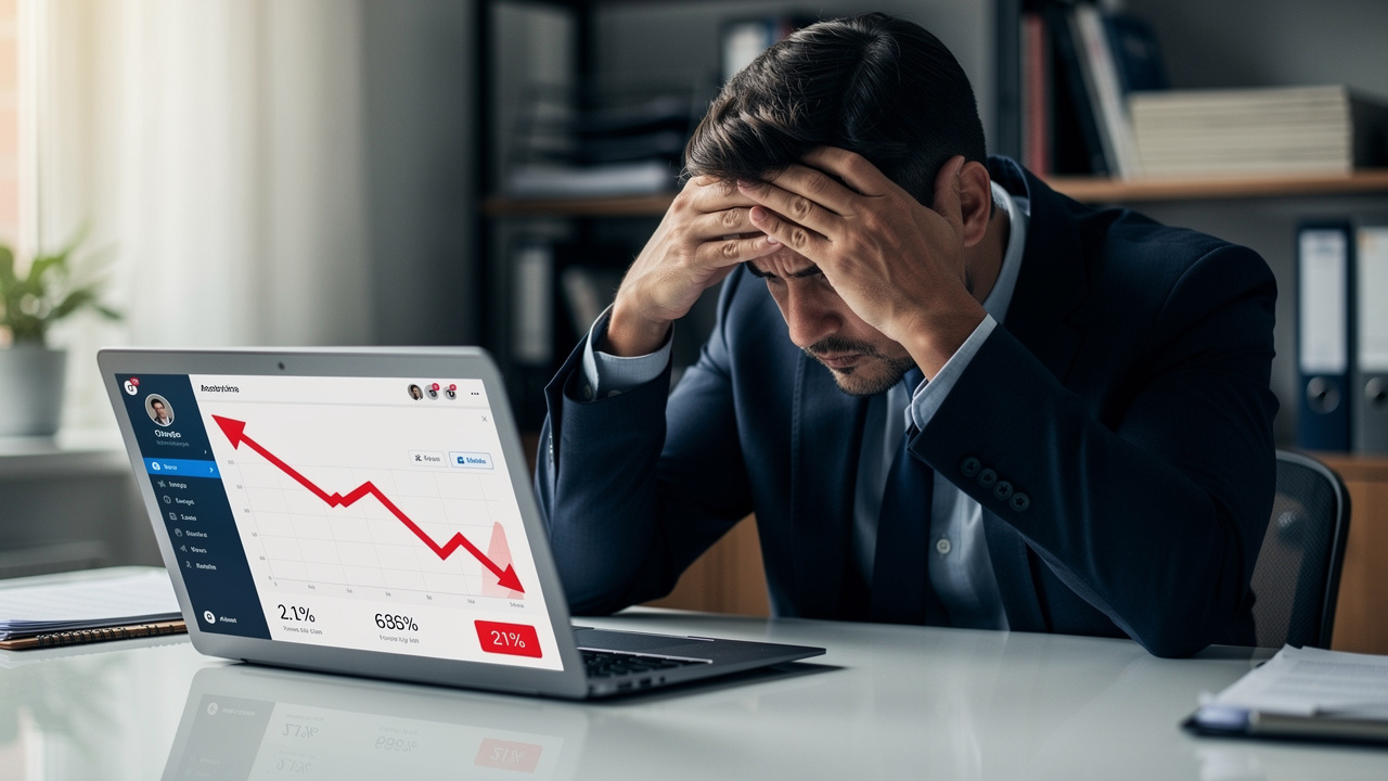 Empresário frustrado olhando queda no alcance de redes sociais no computador