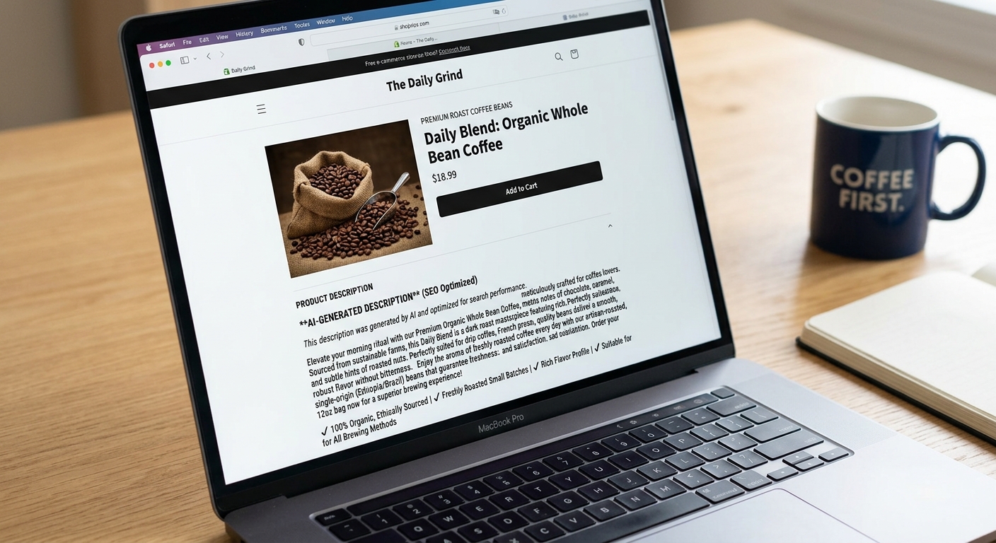 Tela de um notebook exibindo a página de um produto no Shopify com descrição otimizada para SEO.