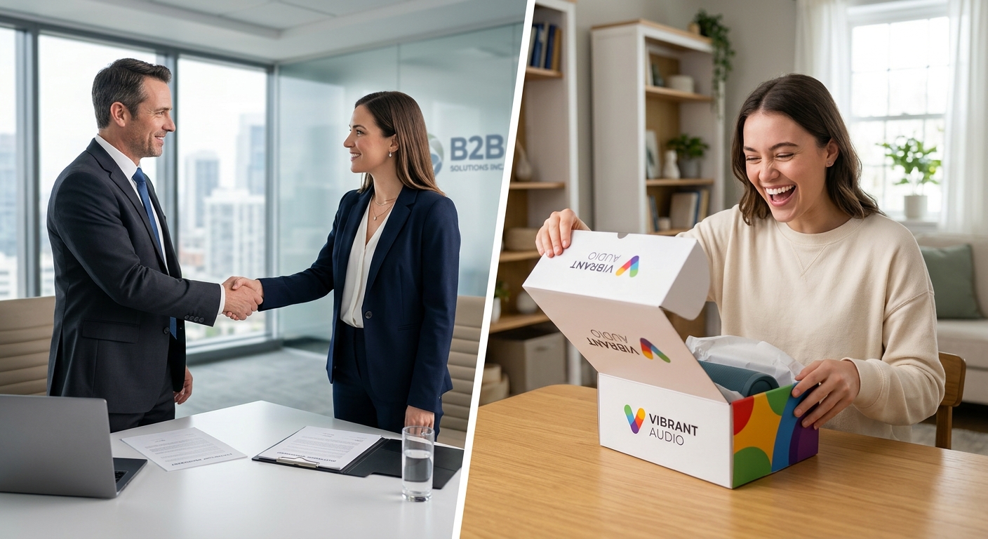 Comparativo entre uma negociação B2B formal e um cliente B2C feliz recebendo um produto