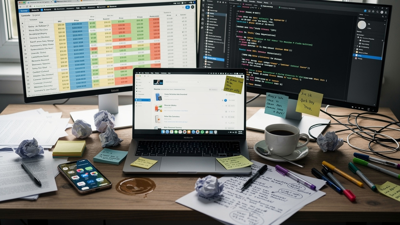 Mesa de trabalho desorganizada com laptop, papéis e múltiplos monitores exibindo planilhas e textos.