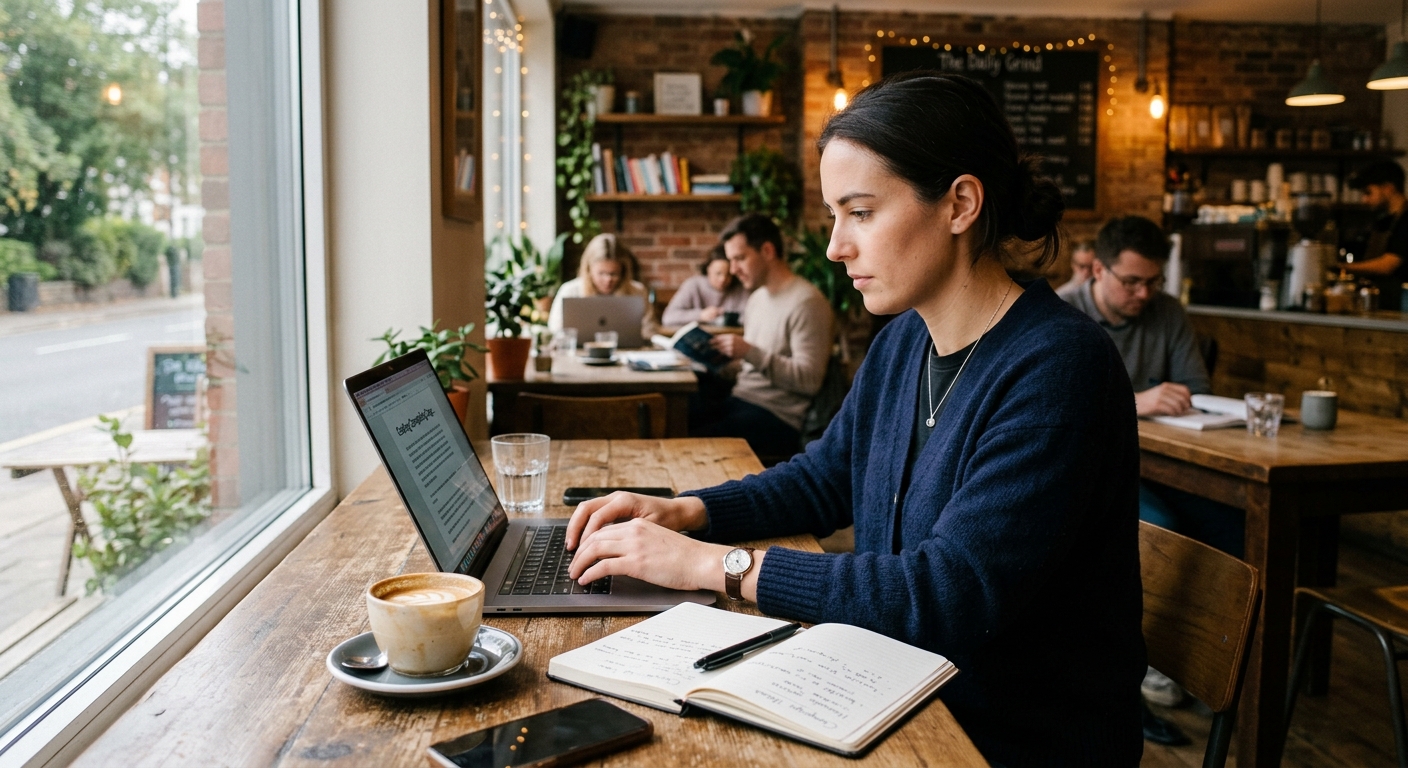 Cenário tranquilo de cafeteria com redator trabalhando em laptop, demonstrando produtividade e foco