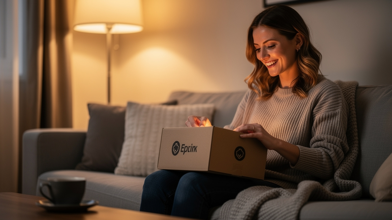 Cliente sorrindo ao abrir embalagem de marca personalizada em casa com iluminação aconchegante
