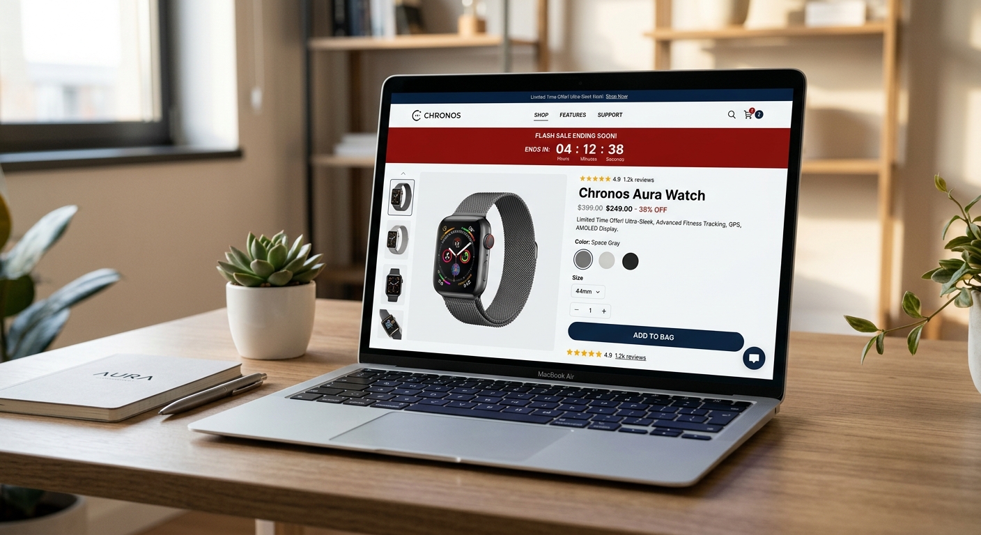 Página de produto de um relógio inteligente em um site de e-commerce exibindo um cronômetro de contagem regressiva para uma oferta.