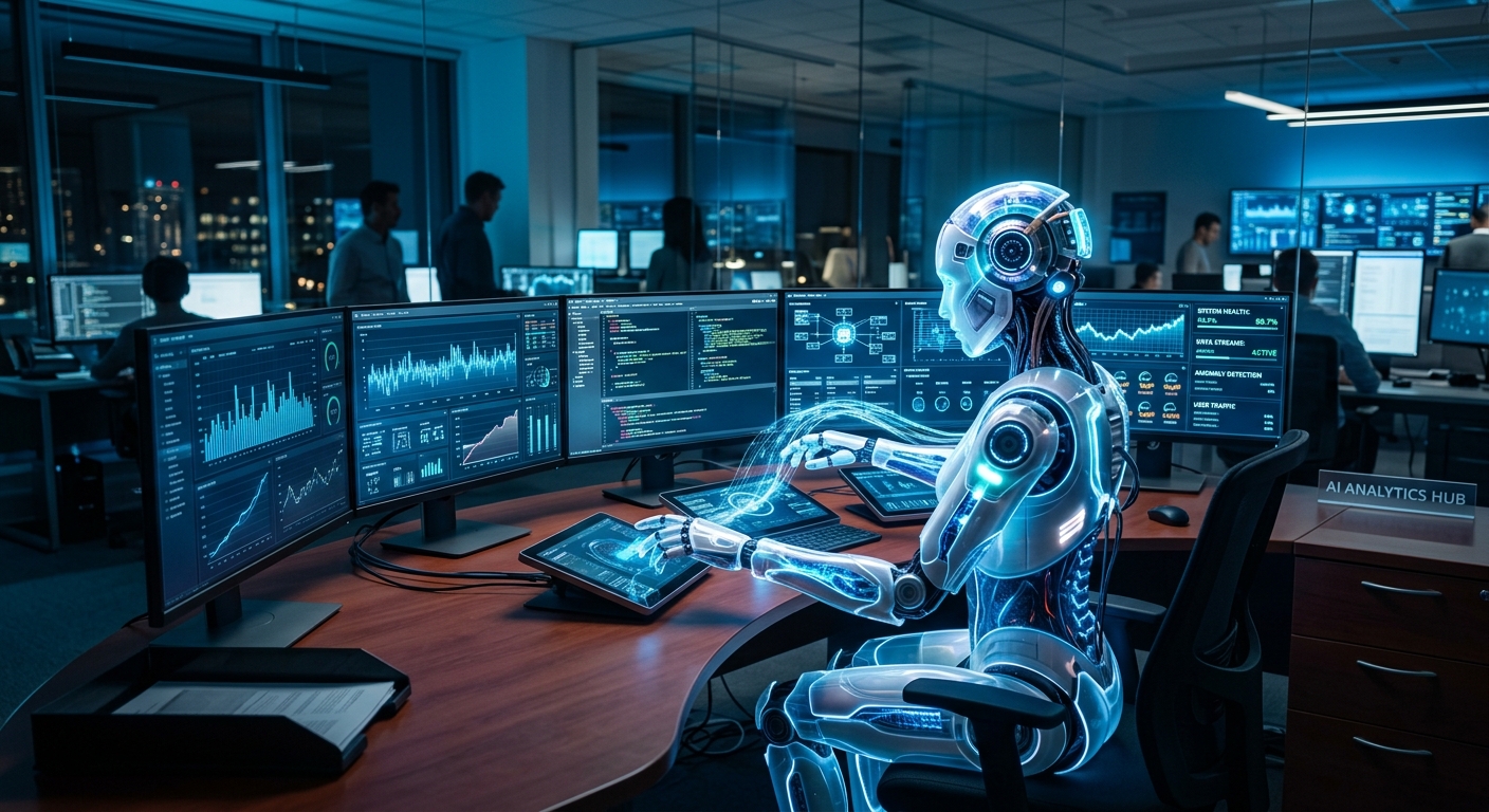 Agente de inteligência artificial autônomo analisando fluxos de dados em escritório moderno