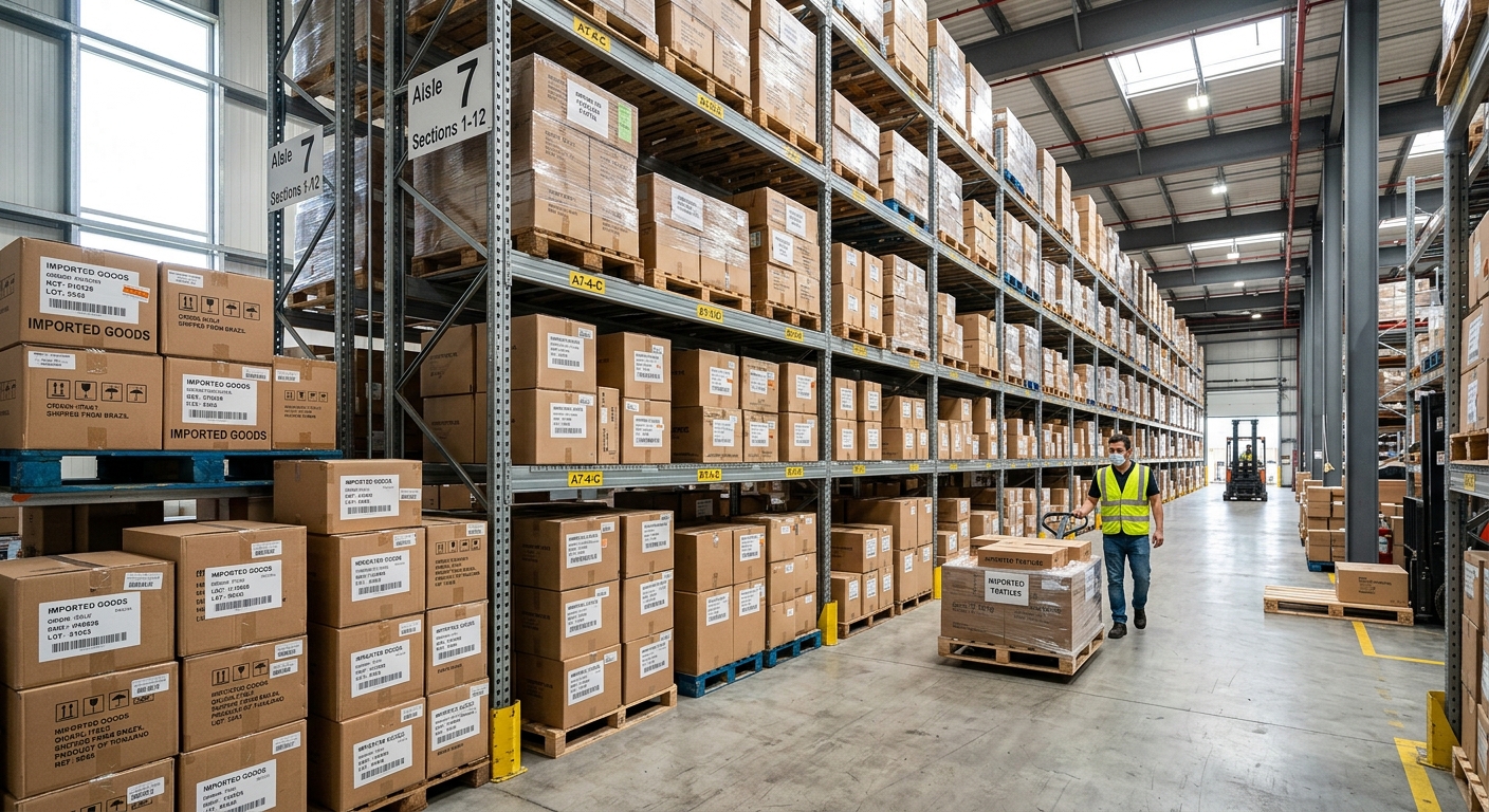 Produtos importados organizados em estoque pronto para distribuição em múltiplos canais