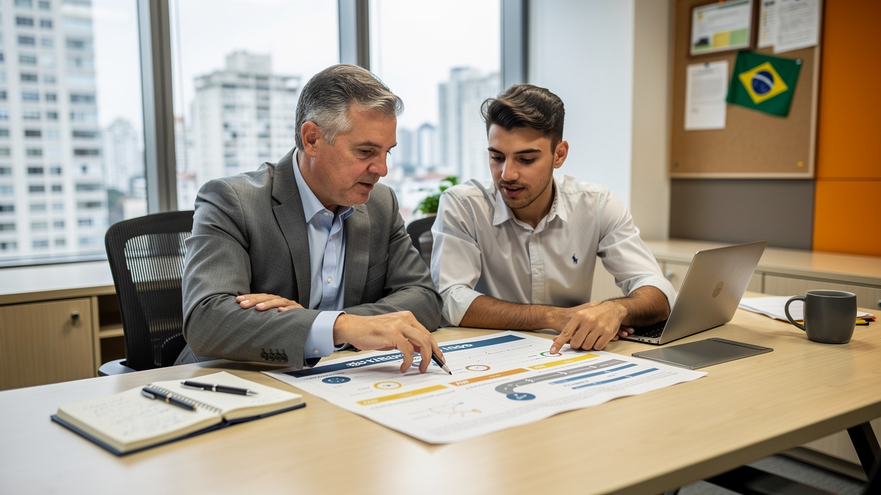 Gestor sênior revisando roteiro estratégico impresso com membro da equipe em escritório brasileiro