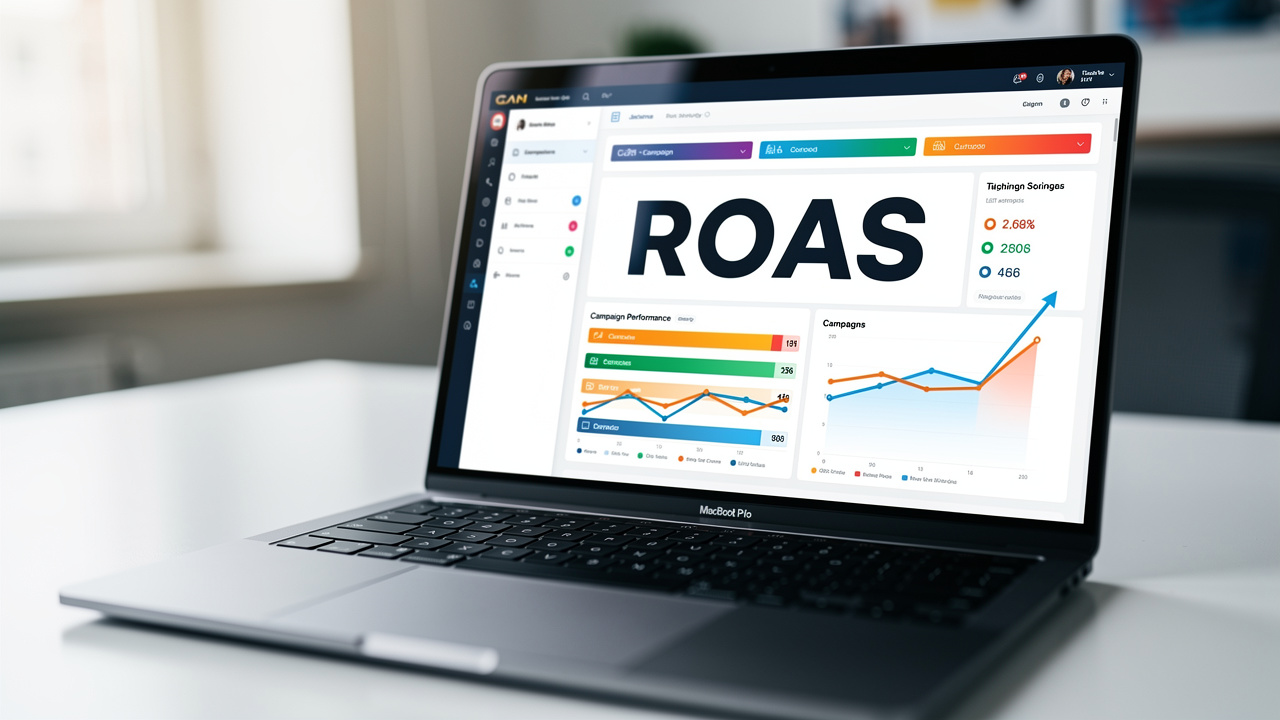 Dashboard de marketing digital exibindo métricas de ROAS elevado em tela de notebook