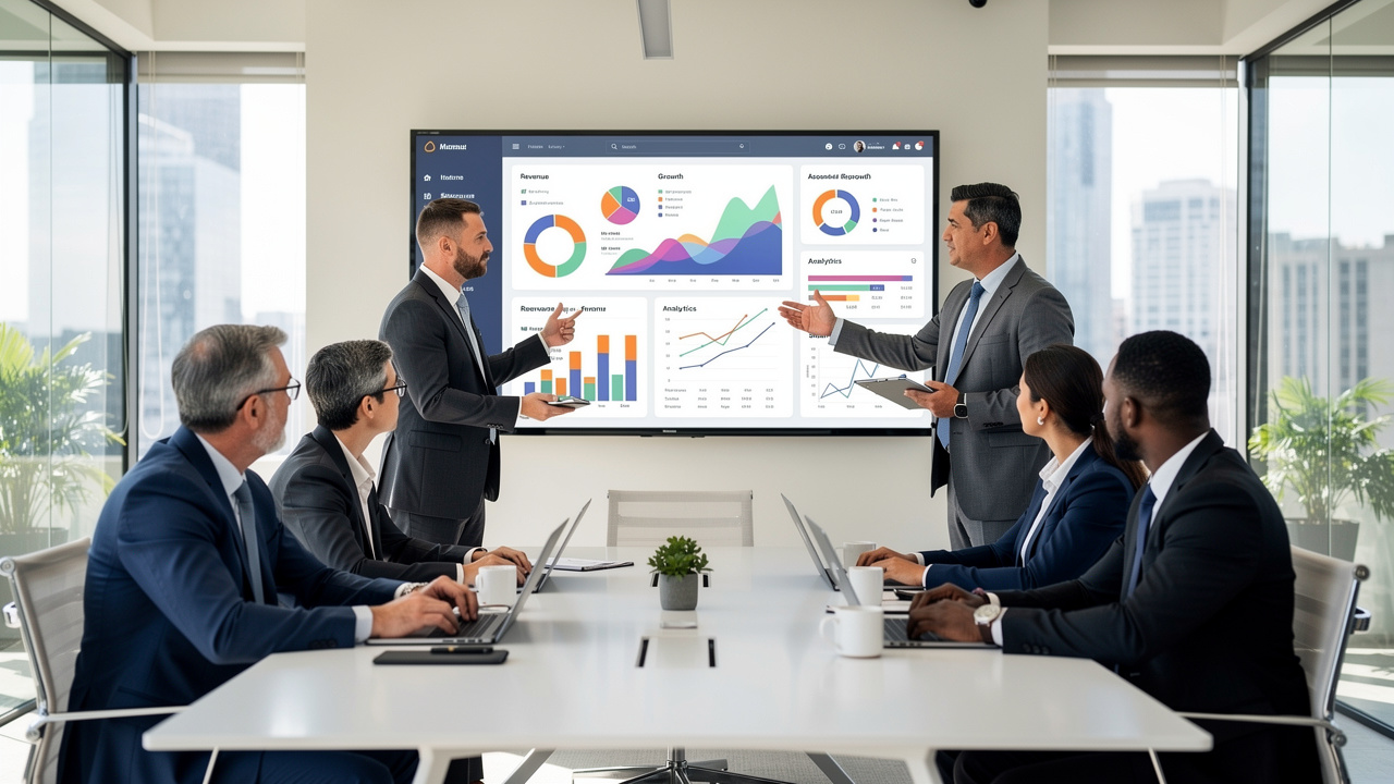 Equipe diversa colaborando em torno de tela com visualização de dados em sala de reunião