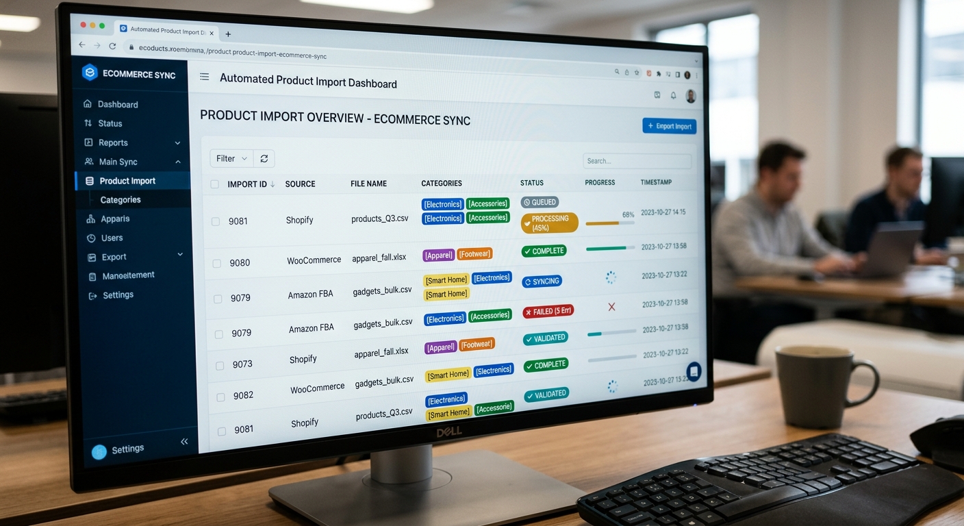 Tela de painel de importação automática com tags de categoria e indicadores de status
