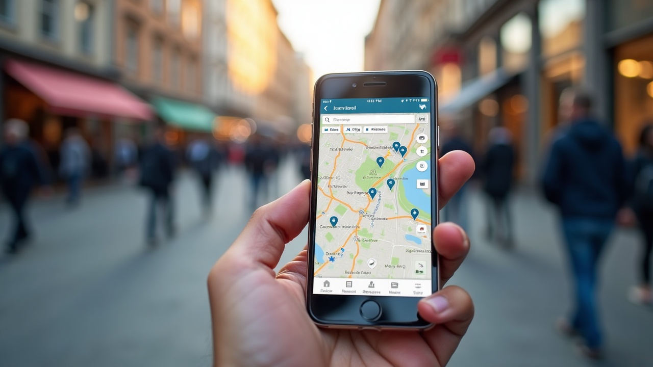 Pessoa segurando um celular que exibe um mapa com listas de negócios locais em uma rua movimentada