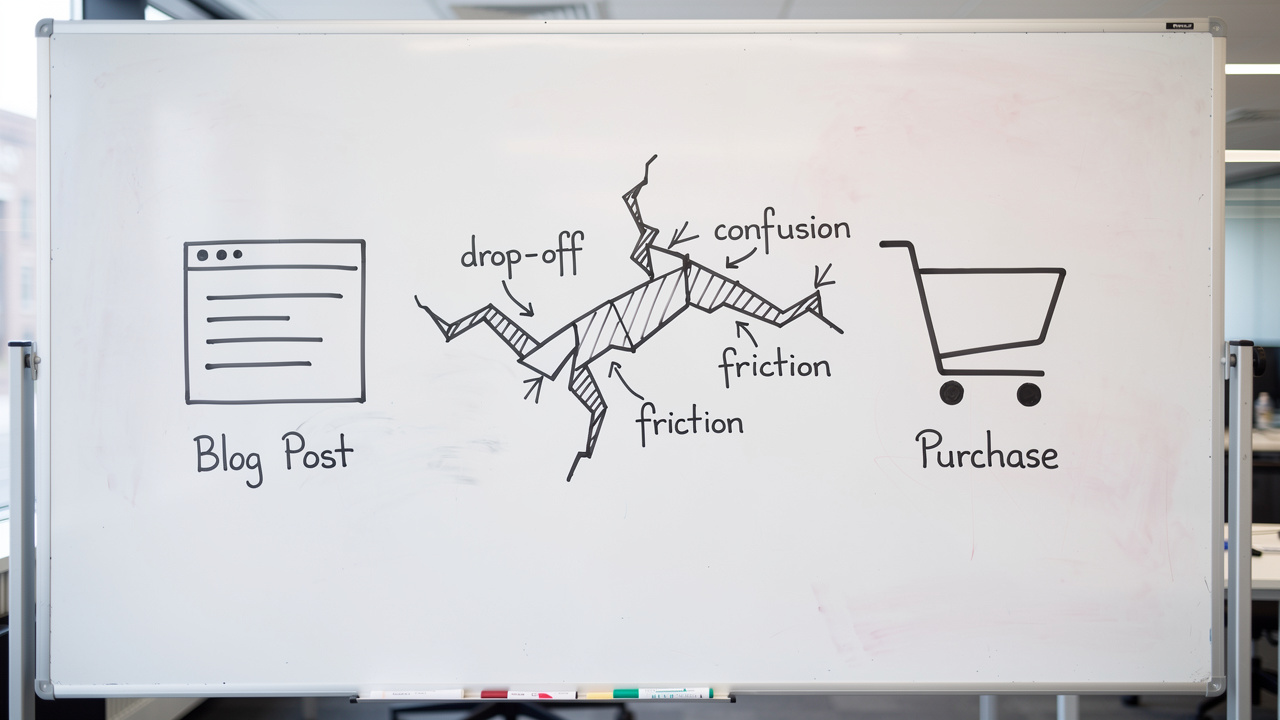 Diagrama em um quadro branco mostrando uma linha quebrada entre um ícone de blog e um carrinho de compras, ilustrando uma jornada do cliente fragmentada.