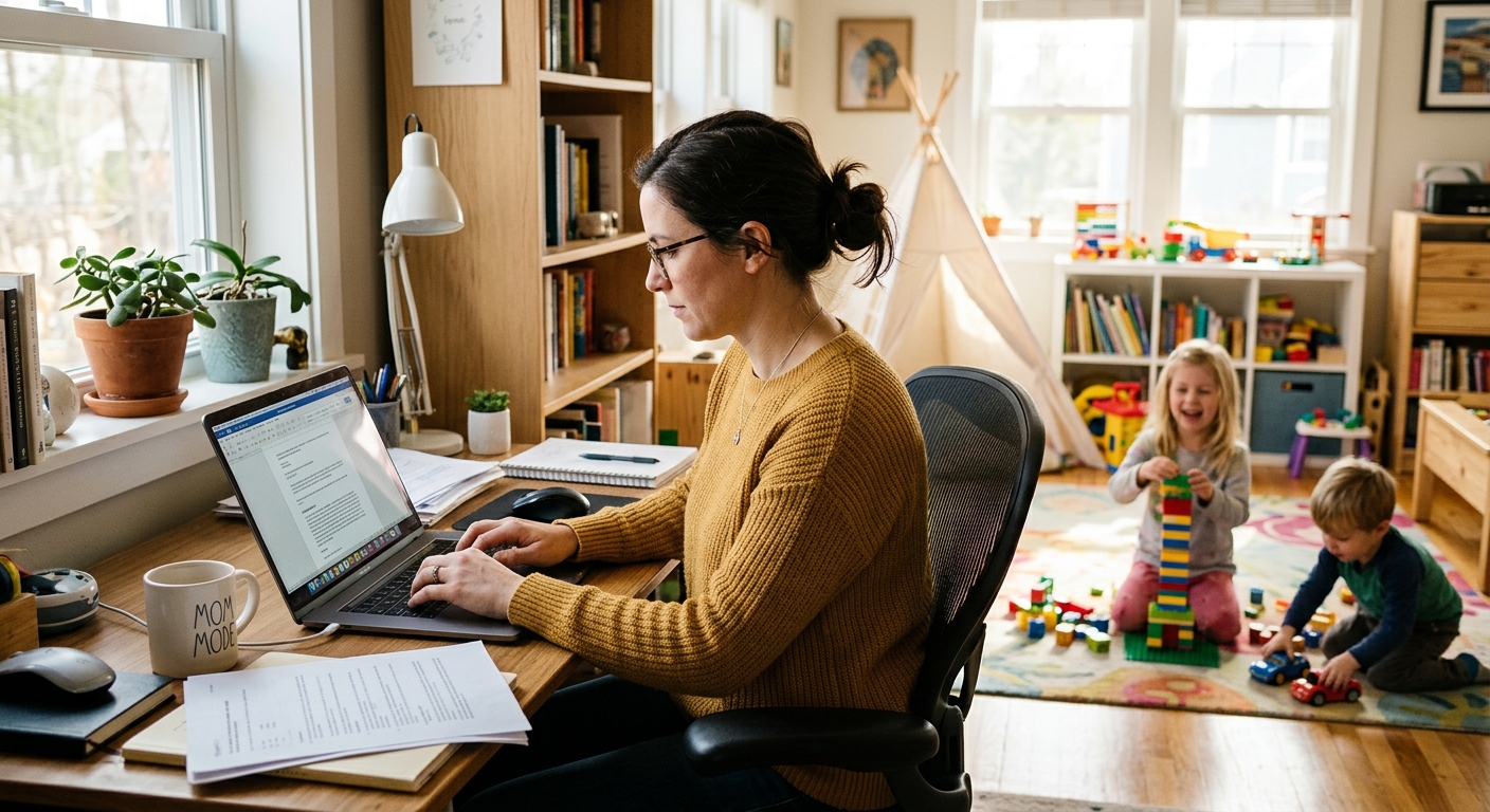 Mãe trabalhando focada no laptop em home office enquanto as crianças brincam