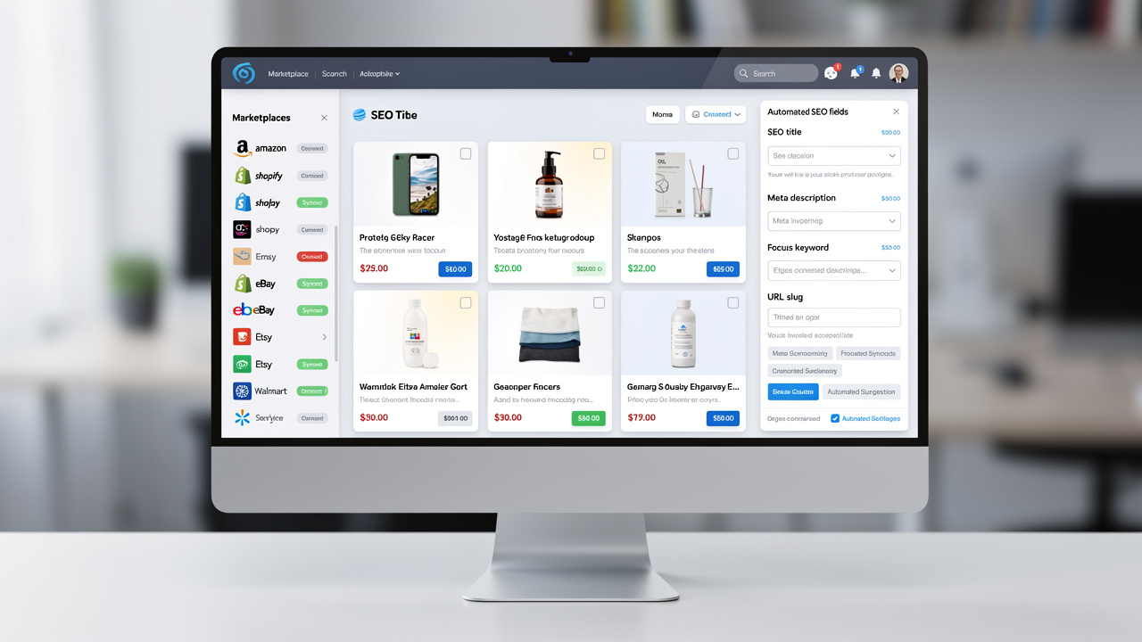 Painel de catálogo de produtos com integrações de marketplaces e campos de SEO automatizado na tela
