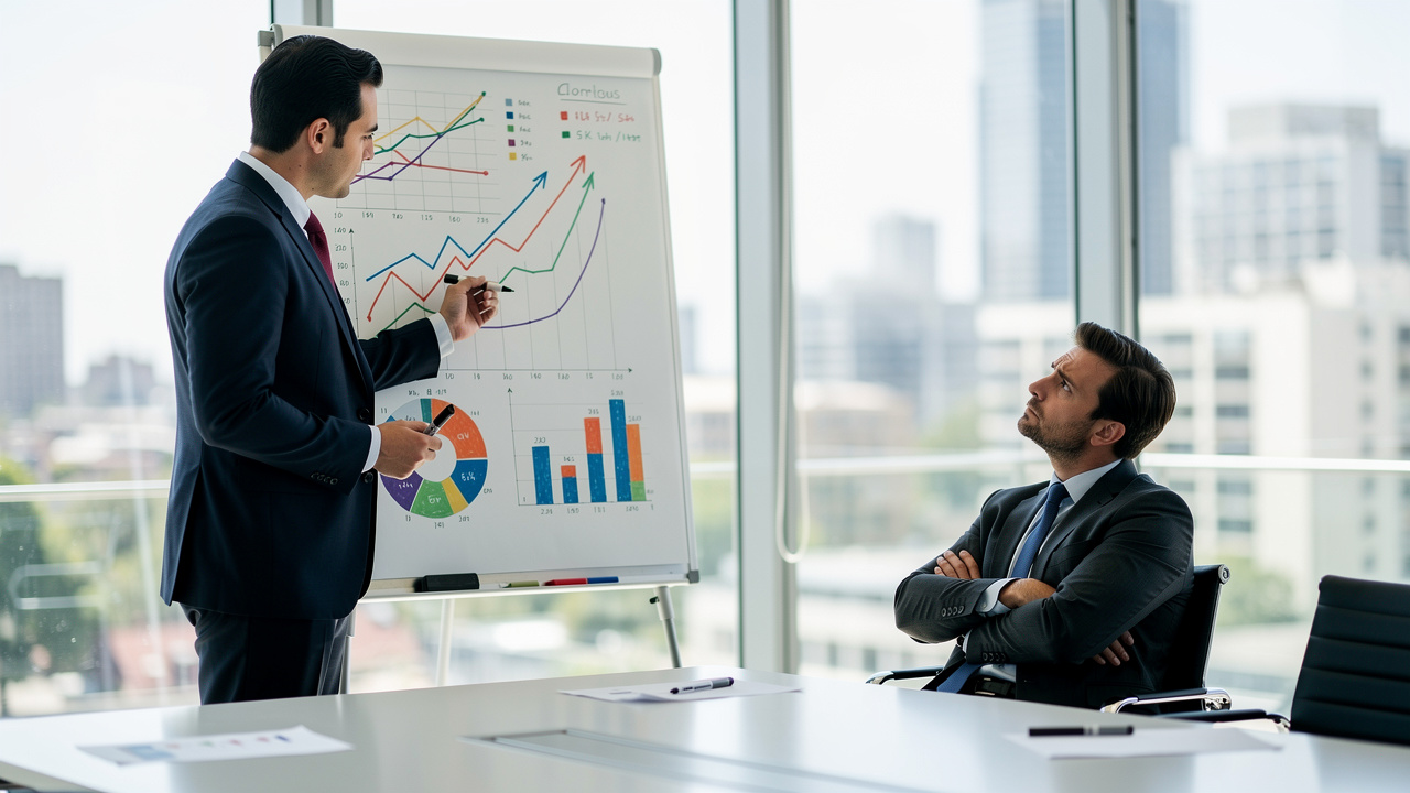 Consultor apresentando case de vendas no quadro branco para cliente em escritório moderno