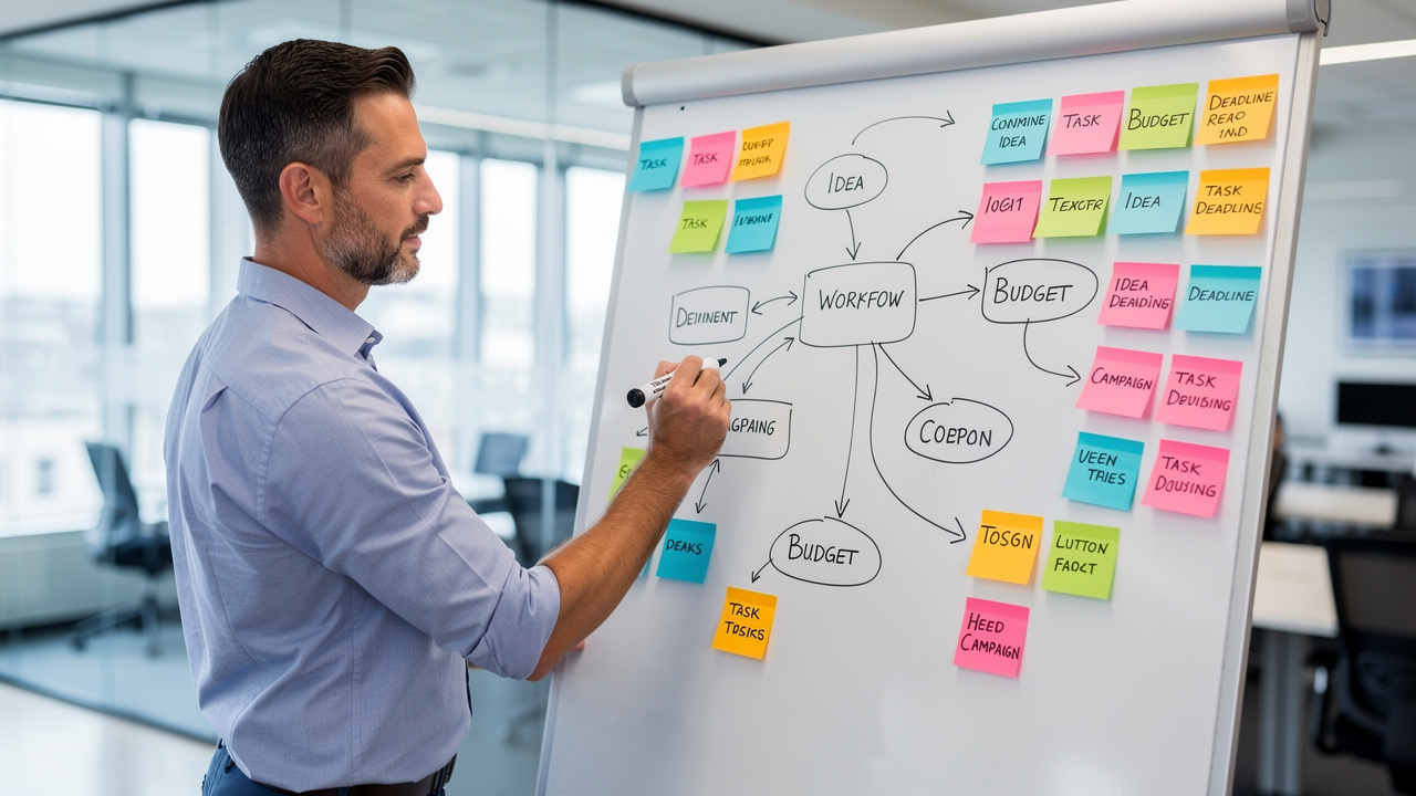 Profissional de marketing mapeando fluxo de trabalho em quadro branco com post-its