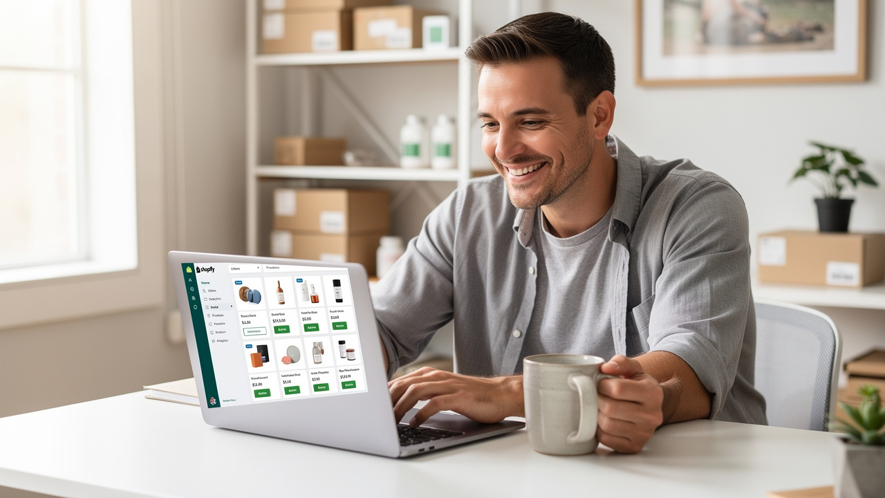 Lojista sorrindo ao revisar catálogo de produtos em notebook com painel do Shopify visível