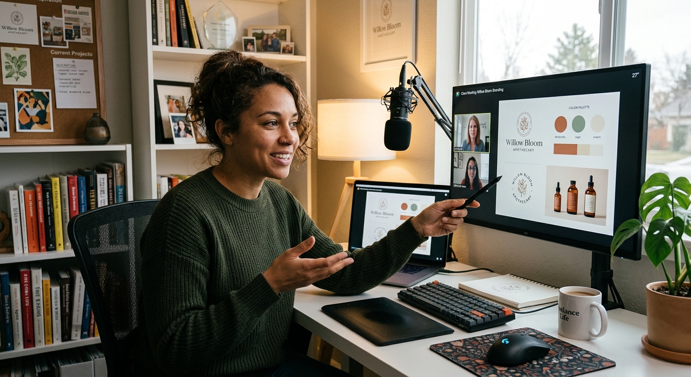 Designer gráfico freelancer em videochamada com cliente mostrando rascunhos de design na tela do computador