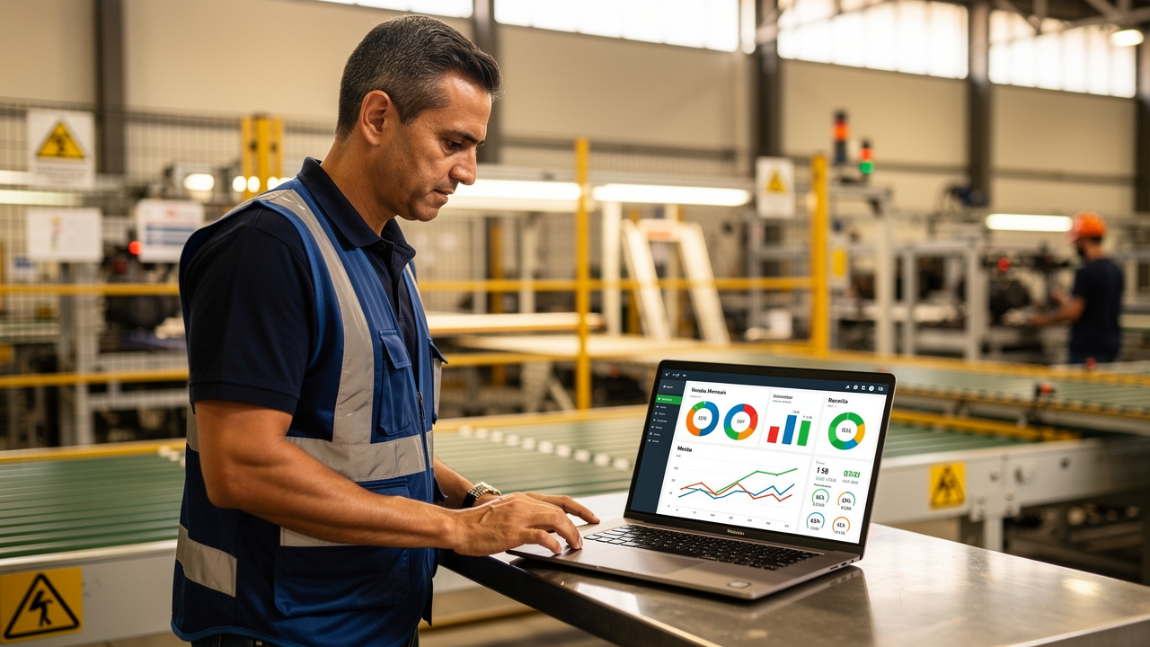 Gerente industrial brasileiro analisando painel de vendas digitais em laptop dentro de fábrica