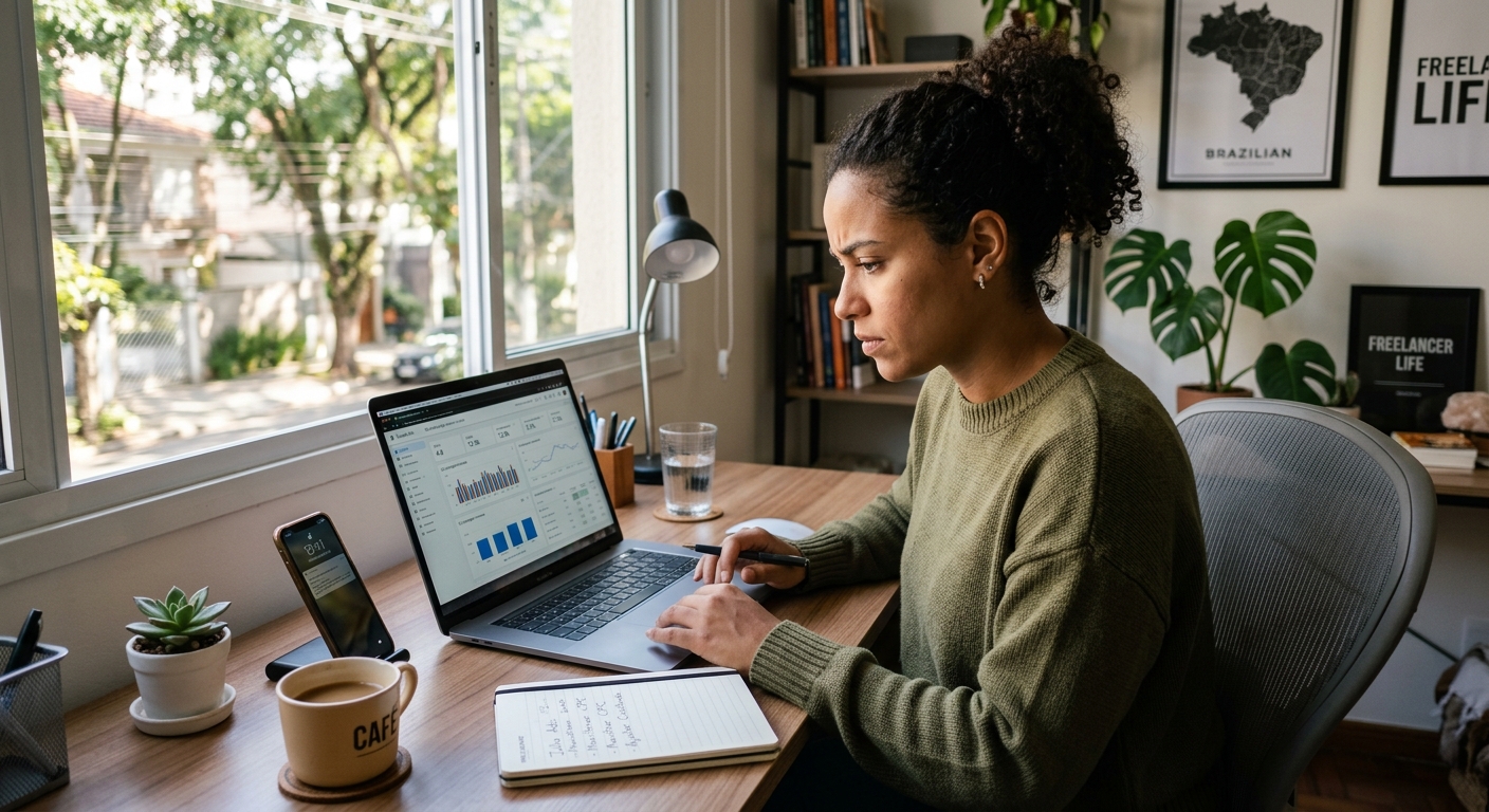Freelancer brasileiro analisando dados de campanha digital em home office com luz natural