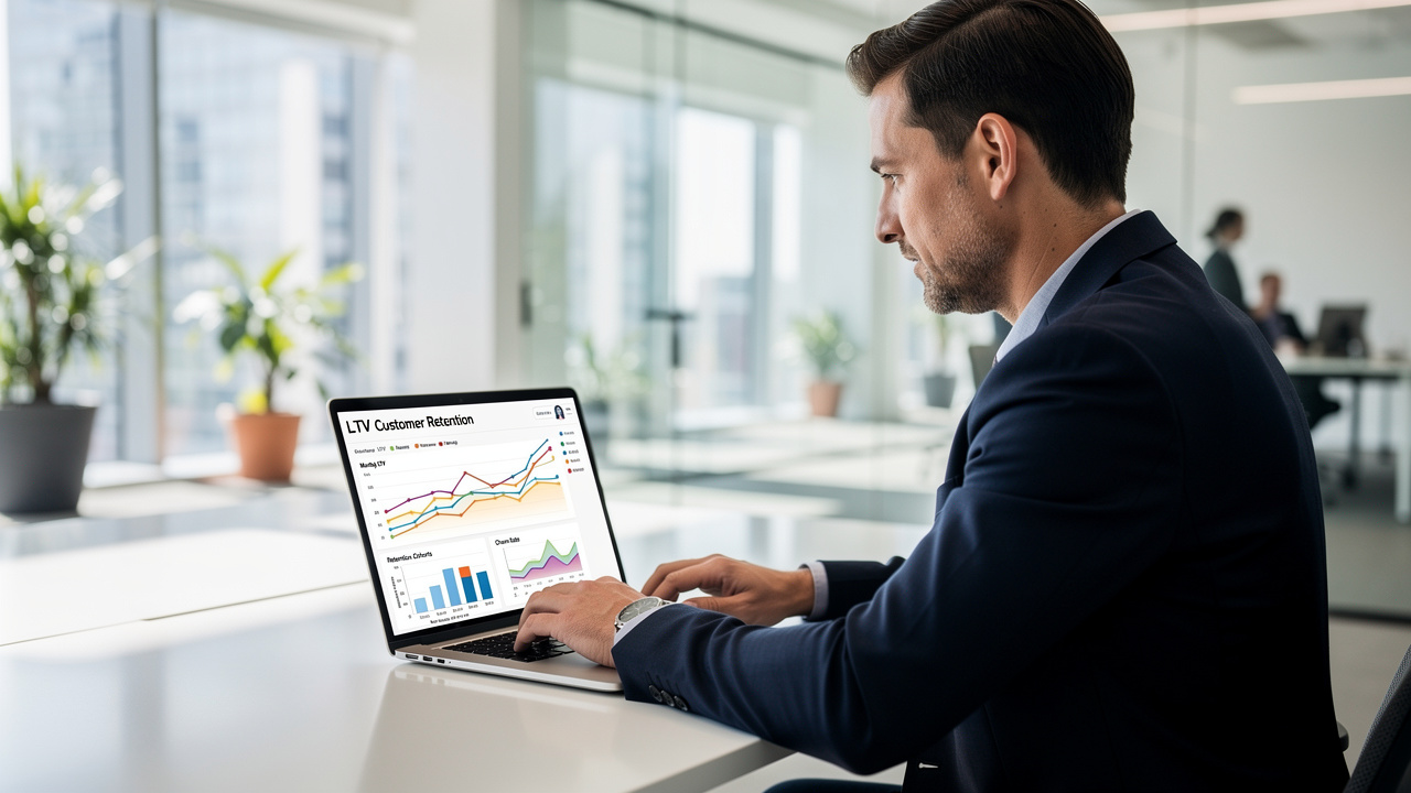 Profissional de negócios analisando gráficos de LTV e retenção em laptop