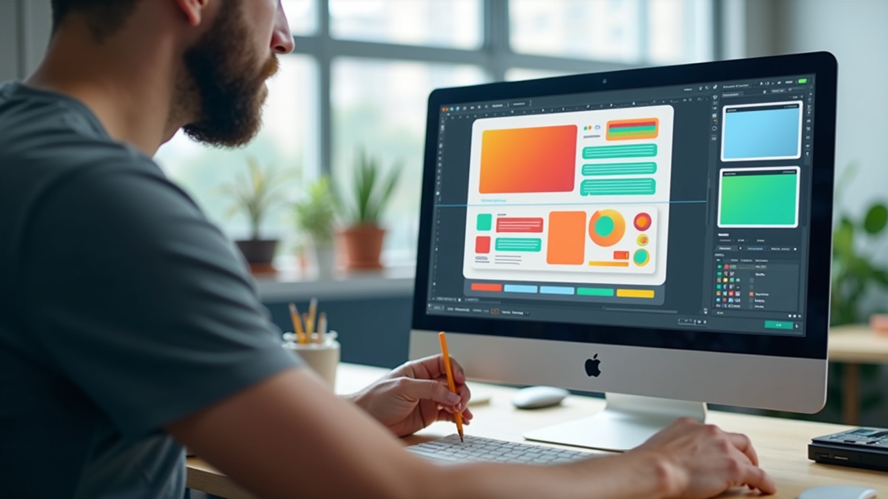 Designer desenvolvendo template reutilizável em computador com interface visual colorida
