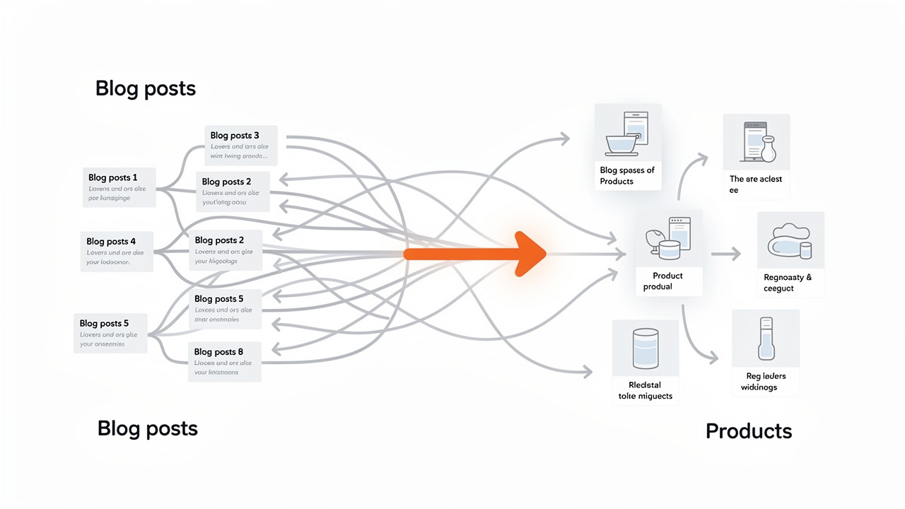 Diagrama com setas bagunçadas de um blog para produtos, simbolizando links internos desorganizados e caóticos.