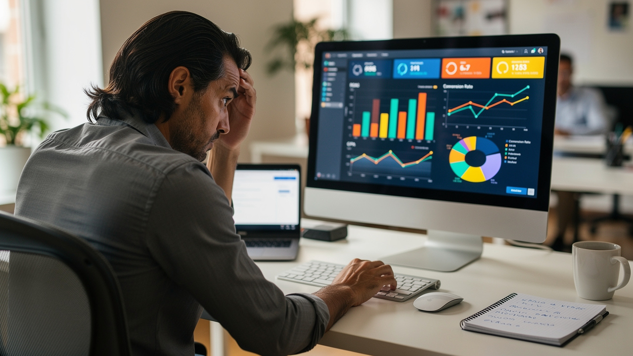 Gestor de marketing analisando dashboard com métricas de ROAS em tela de computador