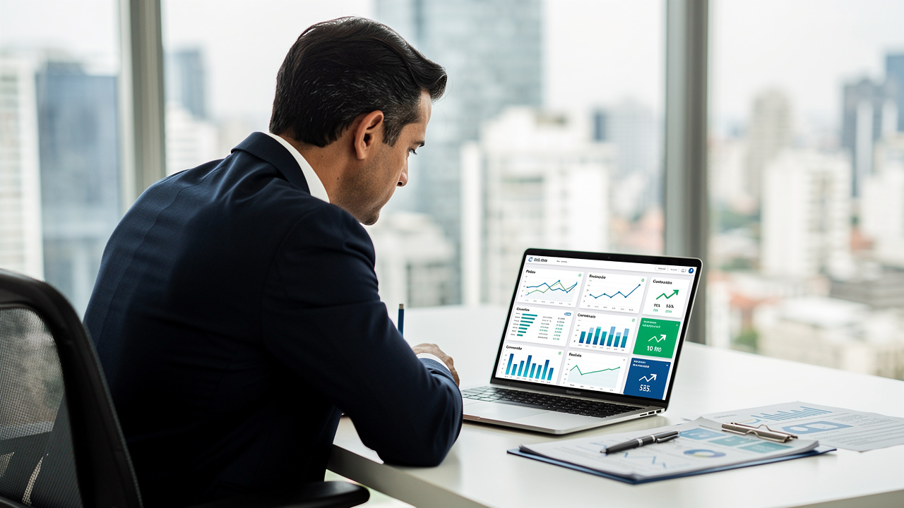 Diretor industrial analisando painel de e-commerce B2B com gráficos de crescimento no escritório