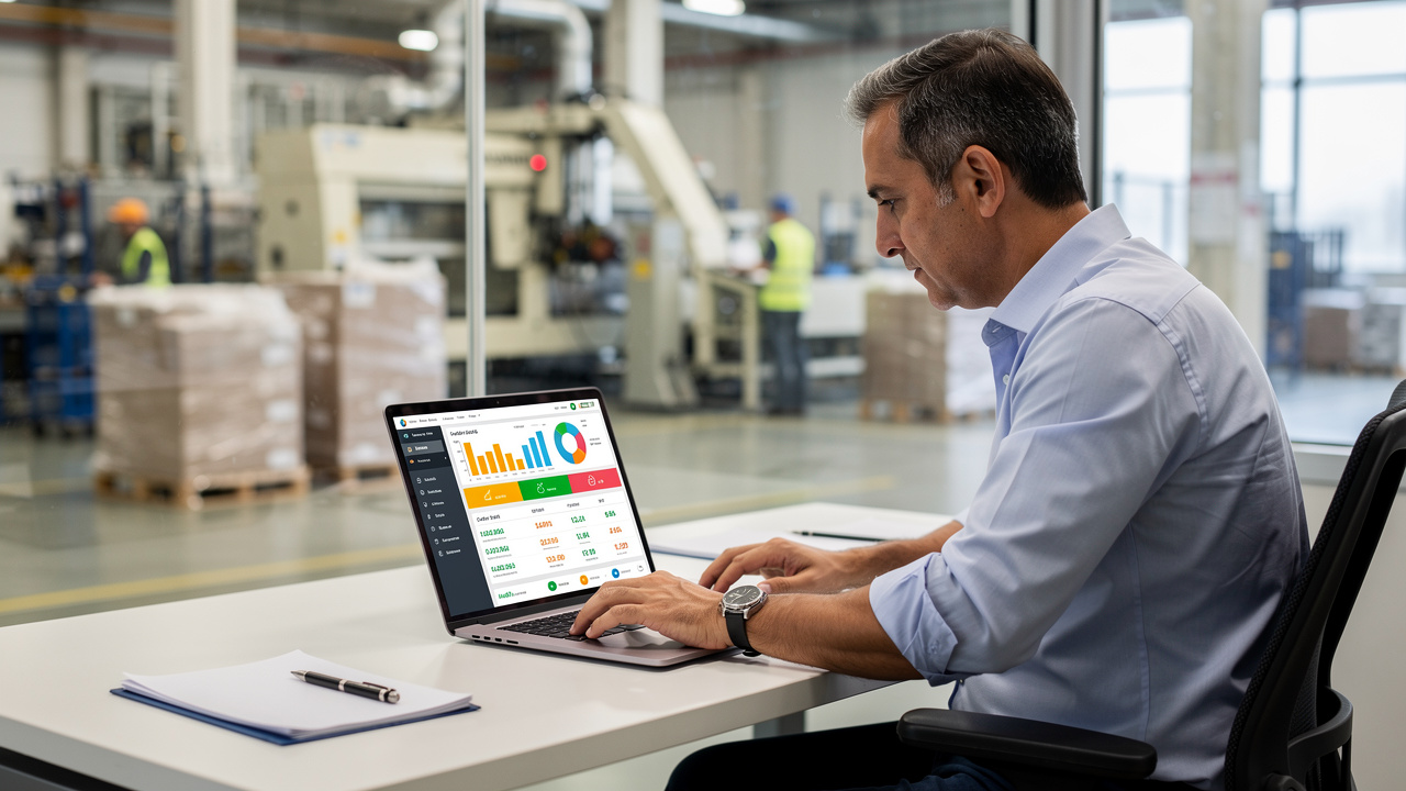 Gerente industrial analisando painel de vendas B2B em laptop dentro de escritório de fábrica