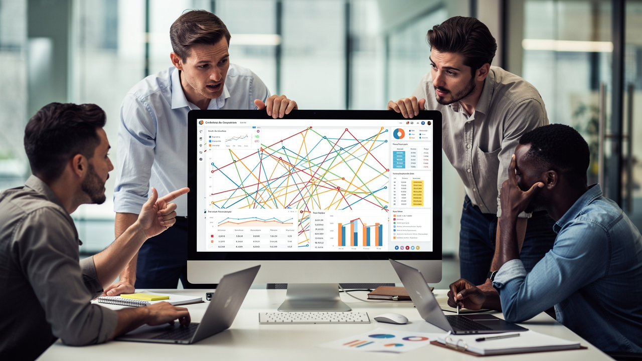 Equipe de marketing olhando para dashboard cheio de gráficos sem clareza