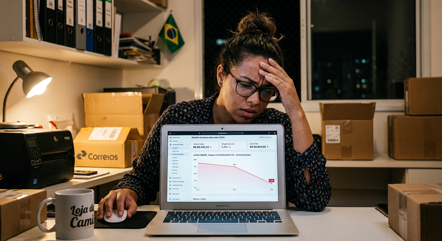 Lojista brasileiro olhando relatório de vendas com expressão preocupada no home office
